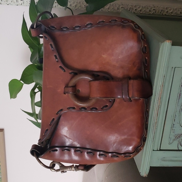 Vintage 70s Handmade Leather Saddle Crossbody Bag - Picture 1 of 9